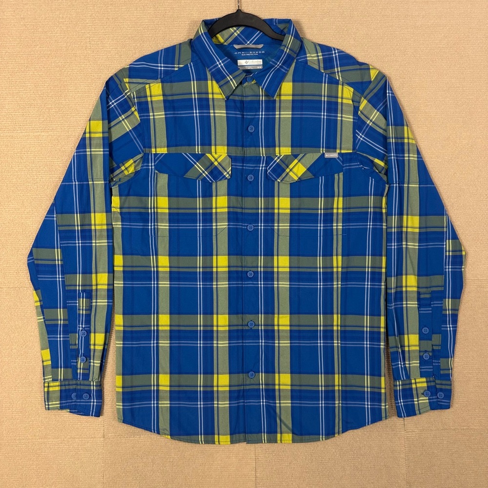 Columbia Silver Ridge Hiking Shirt Mens M Plaid Omni-Shade Roll Tab Long Sleeve